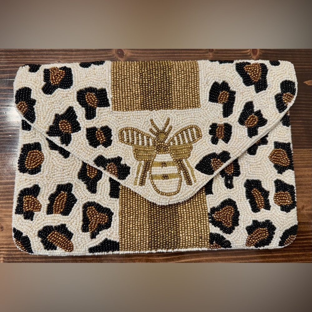 Shirdee White Leopard Print Beaded‎ Clutch With Bee Detail
